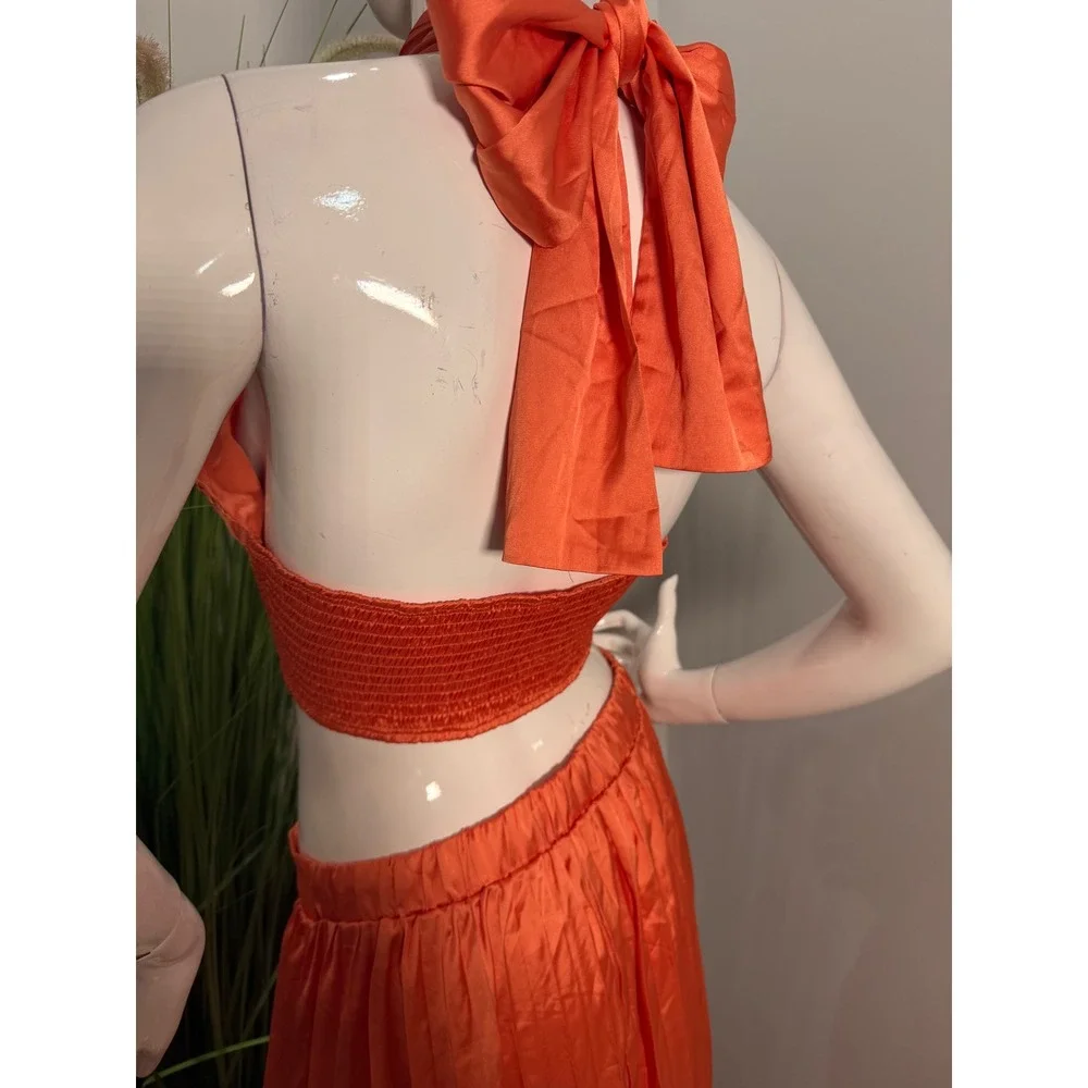 Micas Orange Pleated Two-Piece Halter Skirt Set – Elegant Summer size XL‎